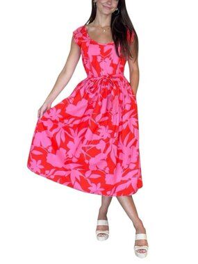 Farylina Kelly Midi Dress Size Large Pink Orange Floral Cotton Belted NWT